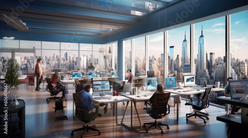 An office scene with modern glass desks, panoramic city views, and employees collaborating in a creative atmosphere. generative ai