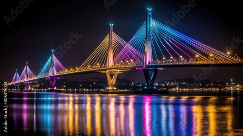 An engineering marvel featuring a modern suspension bridge at night, illuminated by a symphony of colorful lights, creating a captivating spectacle. generative ai