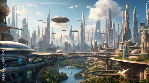 An engineering marvel of a futuristic city skyline, with towering skyscrapers, flying vehicles, and advanced transportation systems. generative ai