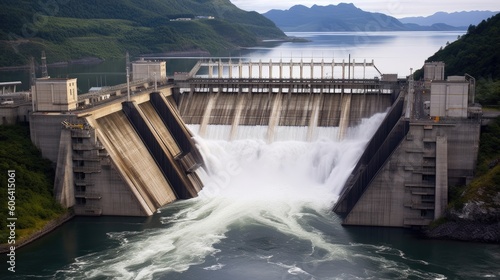 An engineering marvel of a massive dam  harnessing the power of a river  with water rushing through the gates and creating a magnificent display. generative ai