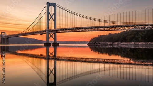 An engineering marvel of a suspension bridge at sunset, with a warm color palette, casting a reflection on the calm waters below. generative ai