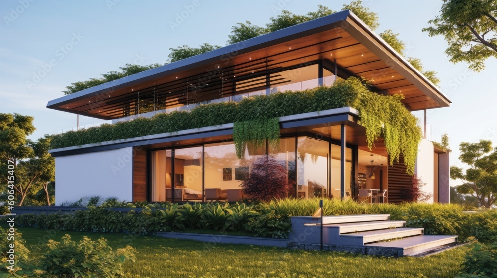 An exterior design of a contemporary beachfront villa with expansive glass walls, a private infinity pool, and a sandy pathway leading to the ocean. generative ai