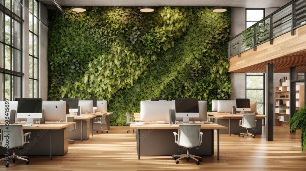 An office design that embraces nature with biophilic elements, such as ...