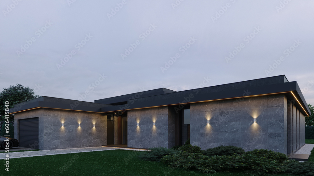 A modern one-story house with a flat roof and a swimming pool. Exterior. 3D visualization A modern one-story house with a flat roof and a swimming pool. Exterior. 3D visualization