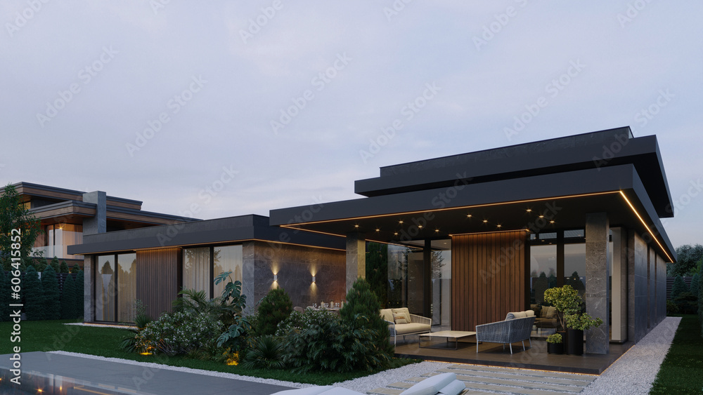 A modern one-story house with a flat roof and a swimming pool. Exterior. 3D visualization