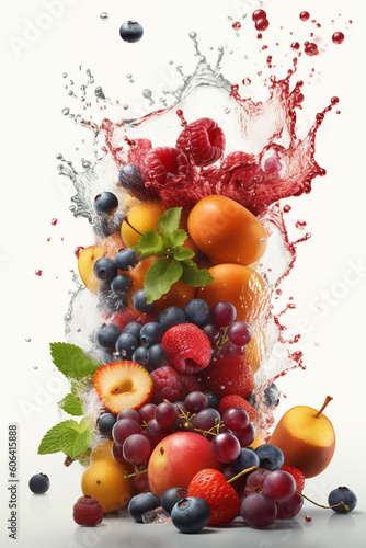 Levitation mix sweet fruits and berries with drops of juice water splash, isolated on white background, organic healthy fruit, flying food. Splash of juice, AI generative © bondarillia