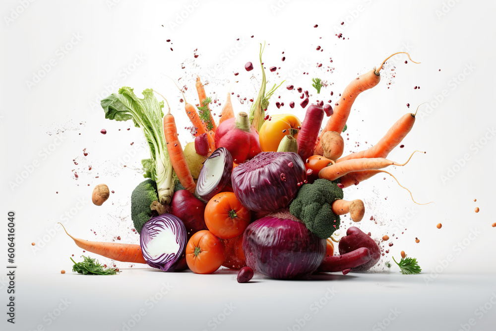 Φωτογραφία Levitation mix vegetables root crops and greens with drops of juice water splash, isolated on white background, organic healthy, flying food