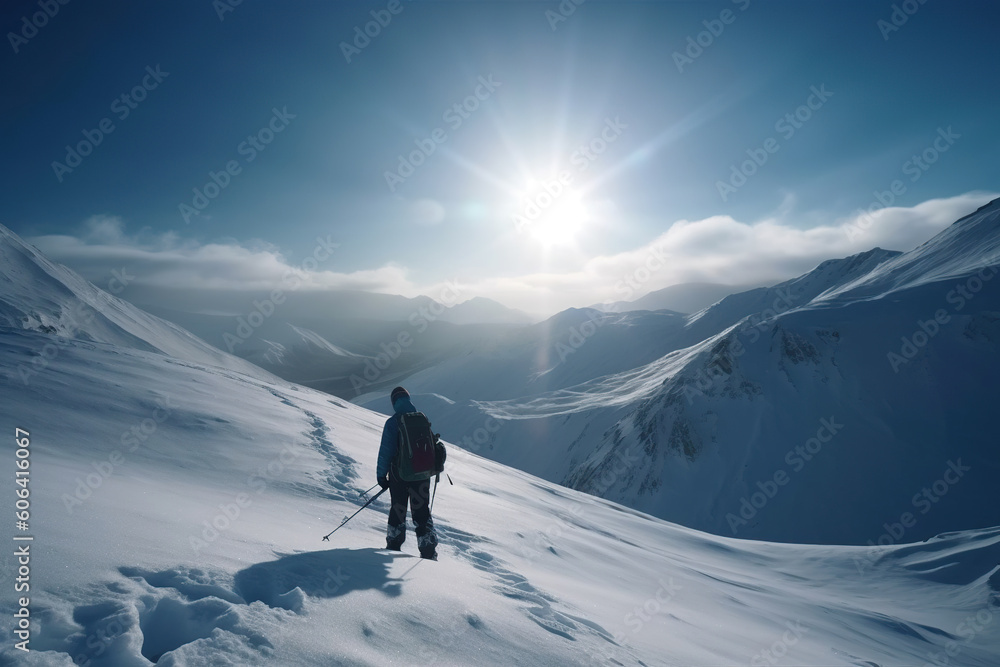The mountaineer, skier conquered the mountain in winter, Climber on top of a winter view of snow-capped mountain peaks sunshine, AI generative