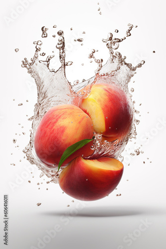 Levitation ripe peaches with drops of juice water splash, isolated on white background, organic healthy fruit, flying food. AI generative