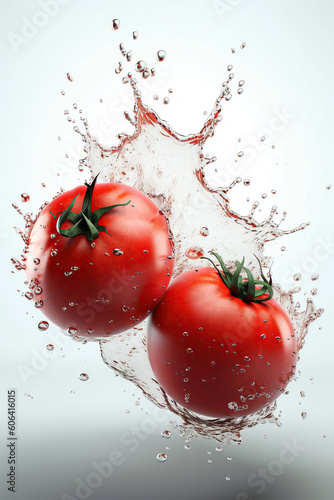 Levitation Levitation tomatoes with splash of water juicetomatoes with splash of water juice, isolated on white background, organic healthy vegetable, flying food