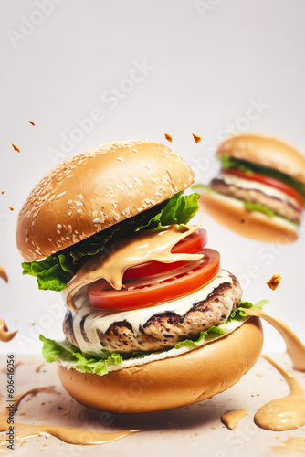 Delicious burger with flying ingredients on a white background