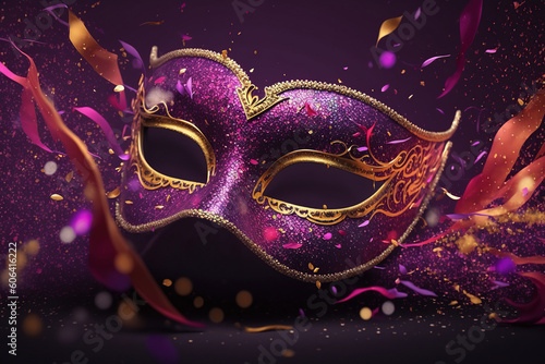 Masquerade golden and magenta carnival mask with sparks splash