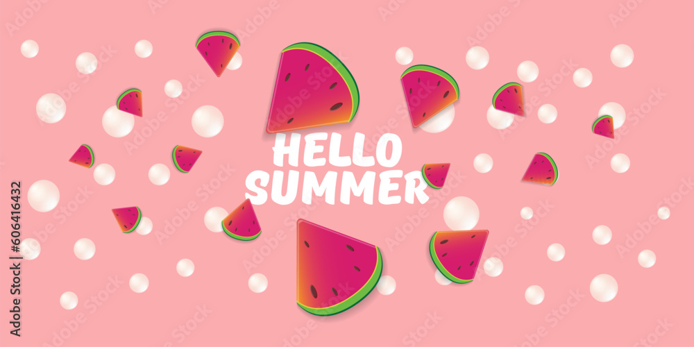 Vector Hello Summer Beach Party horizontal banner Design template with fresh watermelon slice isolated on pink background. Hello summer concept label or poster with fruit and typographic text.