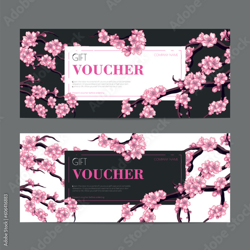 Gift voucher card. Discount coupon template. Certificate with blooming sakura branches. Floral invitation tag