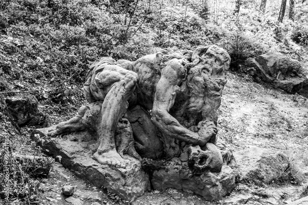 Hermit Onufrius baroque sculpture by Matthias Bernard Braun. Part of Brauns Bethlehem near Kuks, Czech Republic. Black and white photography. Hermit Onufrius baroque sculpture by Matthias Bernard Braun. Part of Brauns Bethlehem near Kuks, Czech Republic. Black and white photography.