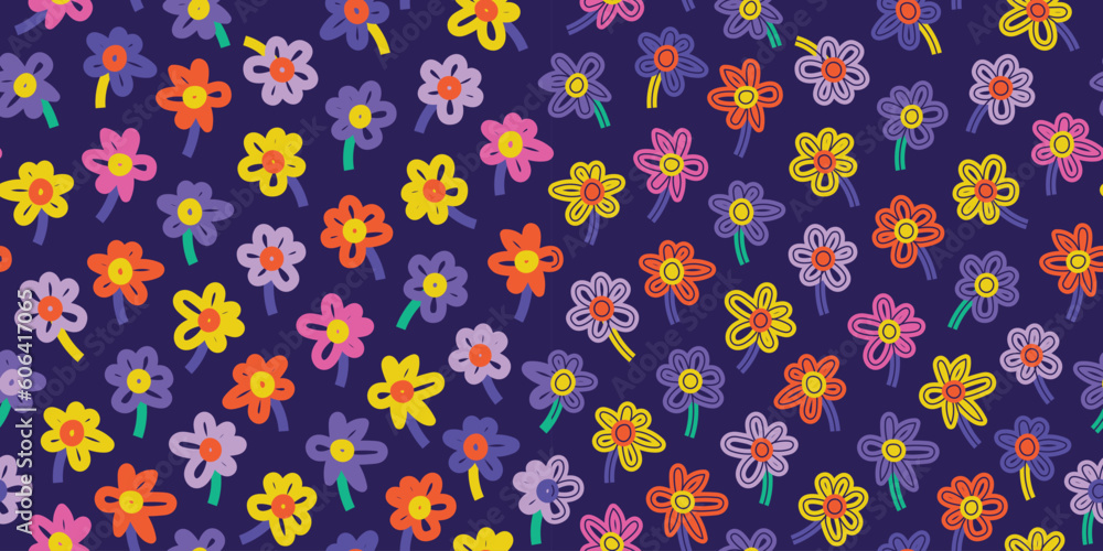 Seamless pattern of simple flowers. Collection of hand drawn natural elements. Bold Florals. Set of two prints on a dark background