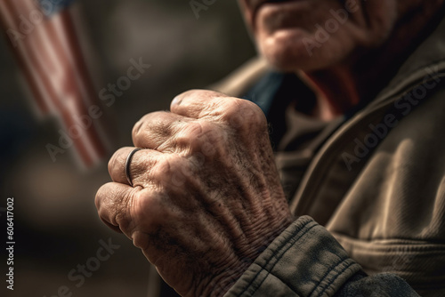 Closeup hand in fist of veteran old man with and American national flag on background, heroe, Memorial Day, Independence day, AI Generative.