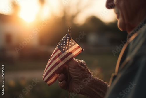 Closeup of veteran old man hand with American national flag sunlight,  heroe, Memorial Day, Independence day, AI Generative.