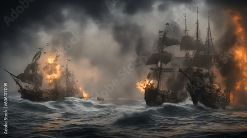 Battle of pirate ships in a storm, generative AI