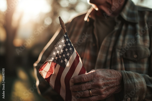 Closeup of veteran old man hand with American national flag sunlight, heroe, Memorial Day, Independence day, AI Generative.