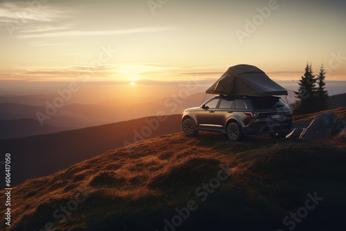 Car camping tent on the rooftop of an SUV in mountains on sunset, tourism and vacation, AI Generative