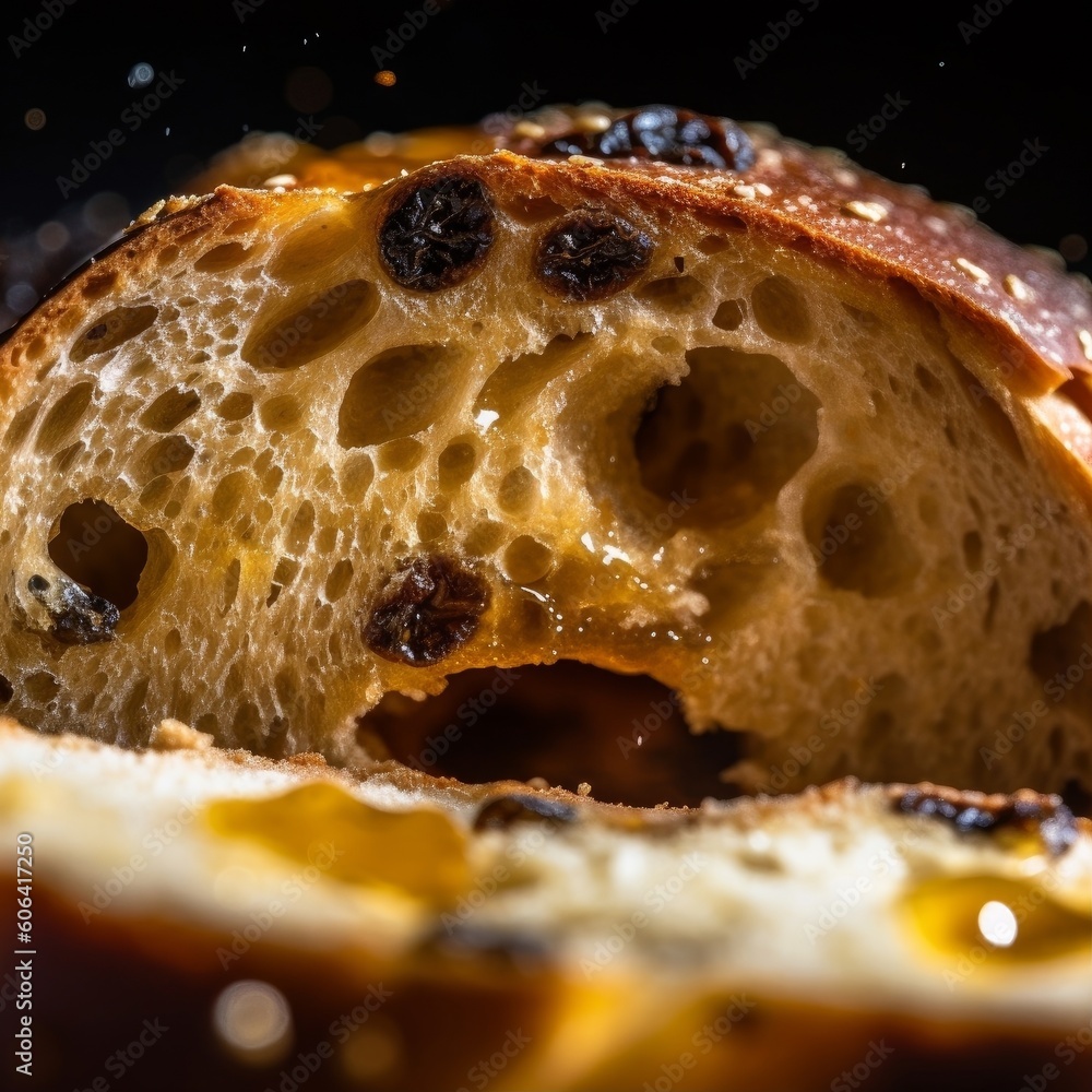single cinnamon raisin bagel sliced in half and toasted, with melted butter on the surface single cinnamon raisin bagel sliced in half and toasted, with melted butter on the surface