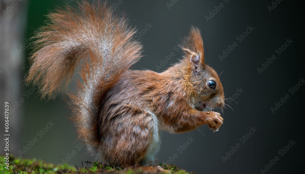 Beautiful view of a brown squirrel eating walnuts in the forest Beautiful view of a brown squirrel eating walnuts in the forest