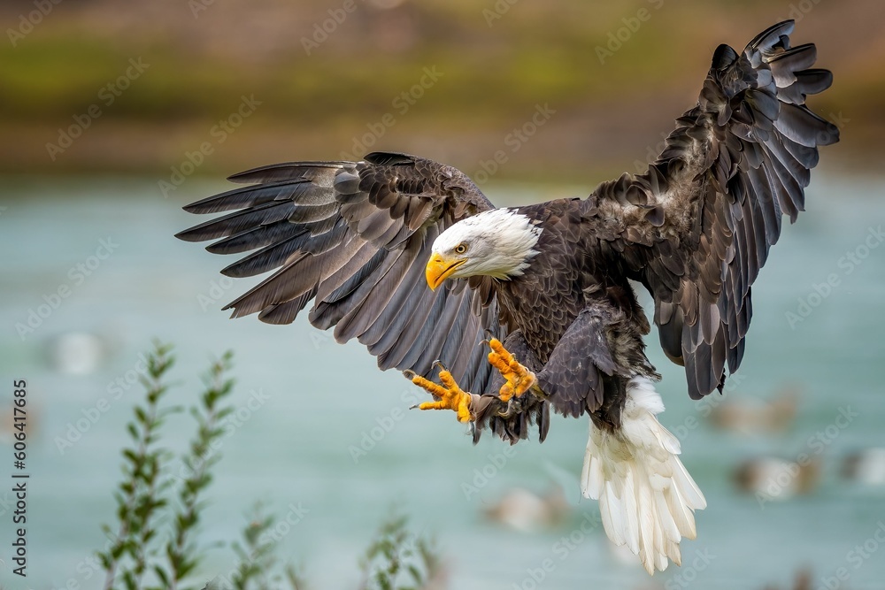 Close-up shot of a bald eagle (Haliaeetus leucocephalus) landing - obrazy, fototapety, plakaty 