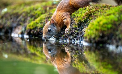Acrylglasbilder Waldtiere Eichhörnchen trinkt Wasser im Wald  © Wil Reijnders/Wirestock Creators