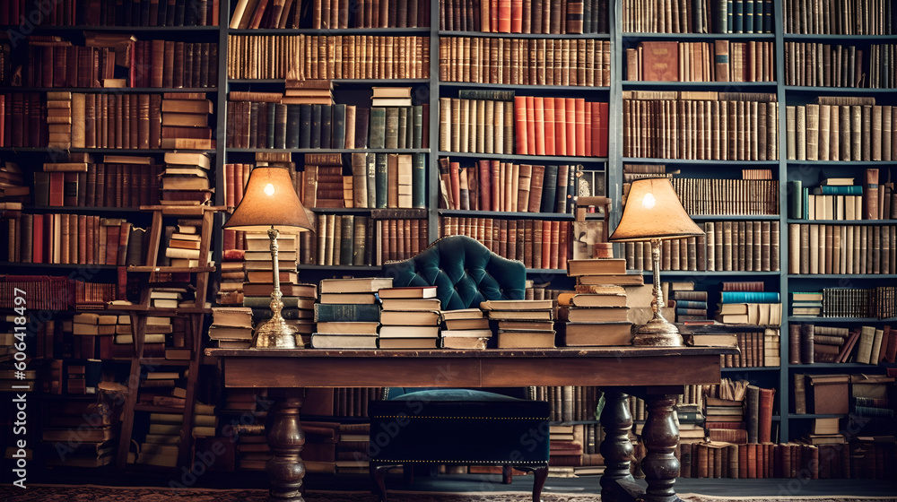 An open book on table front of shelves filled with books Generative AI An open book on table front of shelves filled with books Generative AI