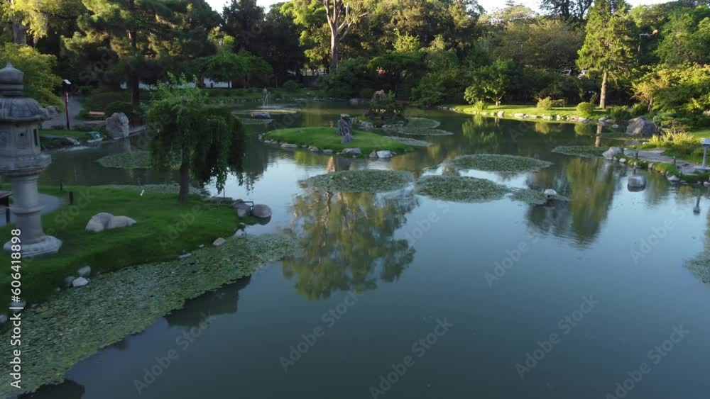 A low-altitude aerial shot of the Japanese Garden Park in Buenos Aires. A low-altitude aerial shot of the Japanese Garden Park in Buenos Aires.