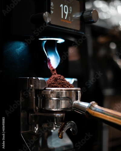 Vertical shot of the coffee measure machine in a cafe on a blurred background
