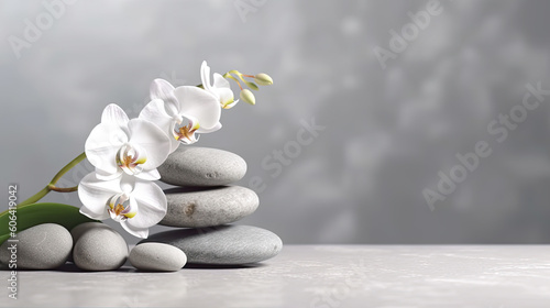 spa stones, orchid flower on grey background. Generative AI