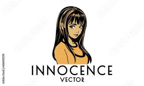 Vector graphic portrait of a young beautiful innocent teenage girl with a shy look on a white isolated background.
