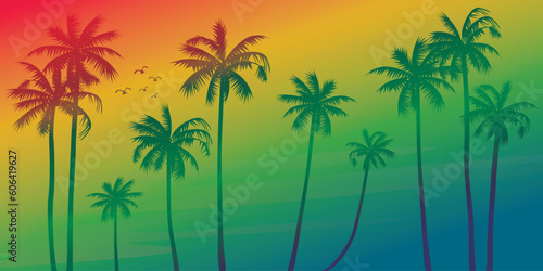 Colorful palm trees with surrealistic sky background vector illustration. Summer traveling and party at the beach vivid colors concept flat design.