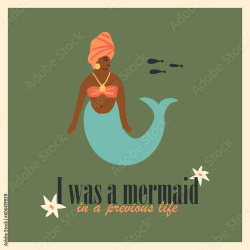 A cute young African mermaid in a head wrap, and necklace, a teenage siren girl, I was a Mermaid in a previous life text