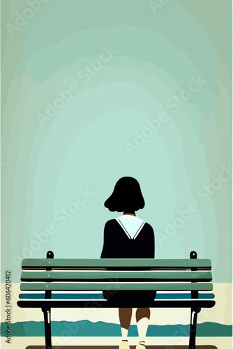 Sad lonely depressed woman alone on a Park bench in depression in vector illustration