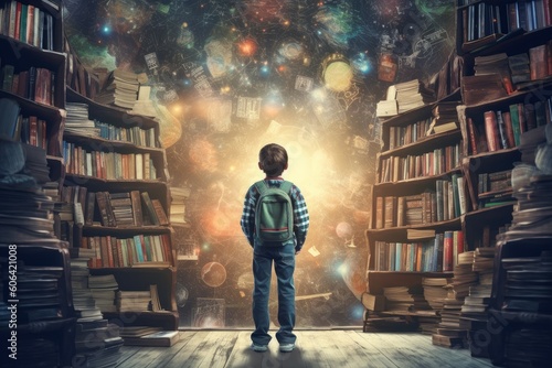 Poet child near books. Generate Ai