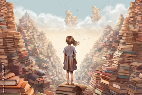 Poet girl near books. Generate Ai photo