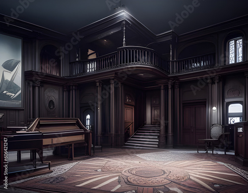 Empty decaying hall in abandoned house. Dark wooden panels, cracking windows, misshaped floor. Digital illustration. CG Artwork Background photo