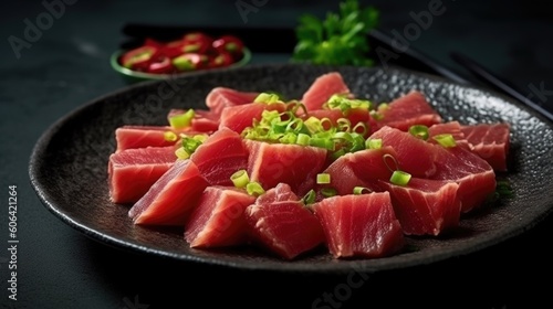 Slices of raw tuna fish meat, ai generative