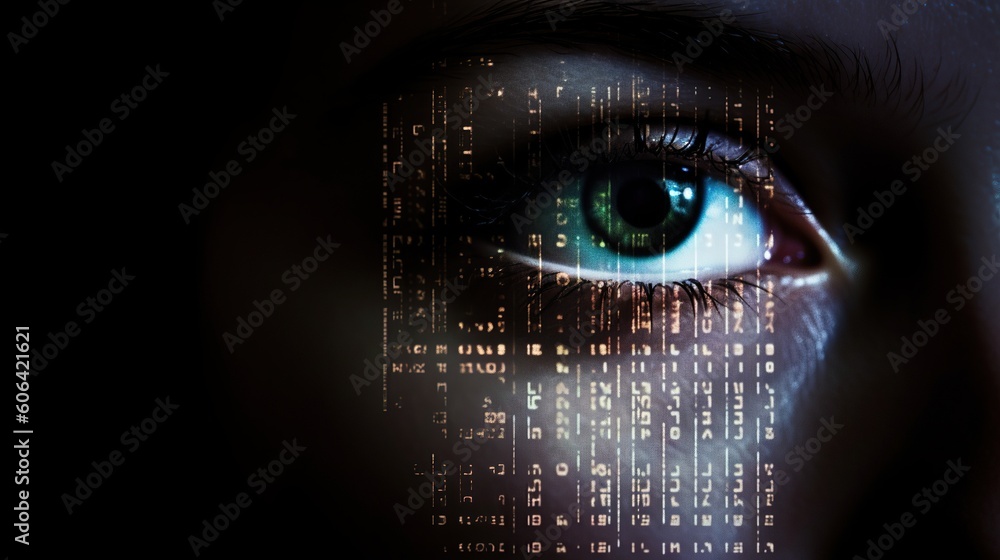 Close-up of beautiful woman's eye with lines of code
