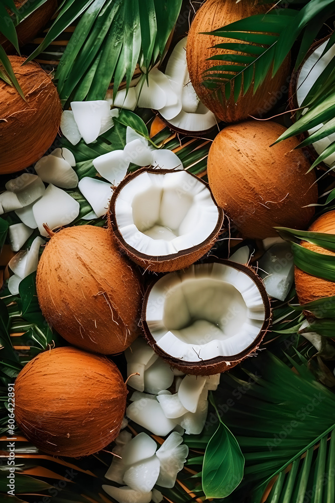 Tropical Bliss: Vibrant Leaves and Flowers with Full Continuous Pattern of Coconut Slices Generative Tropical Bliss: Vibrant Leaves and Flowers with Full Continuous Pattern of Coconut Slices Generative