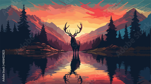 Deer on the slope of the mountains near the lake. Vector illustration based on AI generative image. © Shockolada