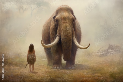 Prehistoric mammoth with woman. Generate Ai