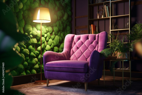 sofa in a living room Cozy living room interior with purple armchair and green wall, Generative AI 
