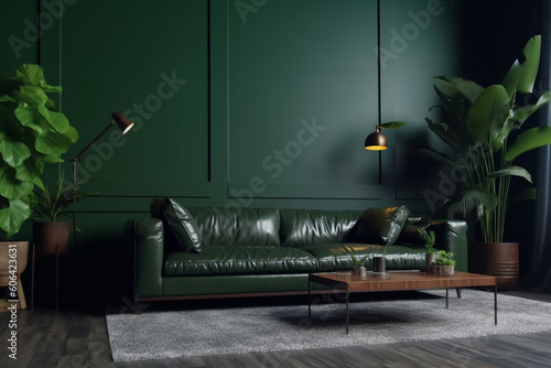 Dark green wall with modern furniture in living room , Generative AI	
