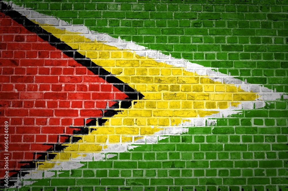 Shot of the Guyana flag painted on a brick wall in an urban location Shot of the Guyana flag painted on a brick wall in an urban location