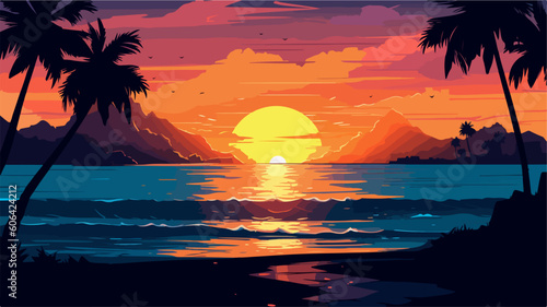 Vector illustration of sunset on the beach. Based on AI generative image. © Shockolada