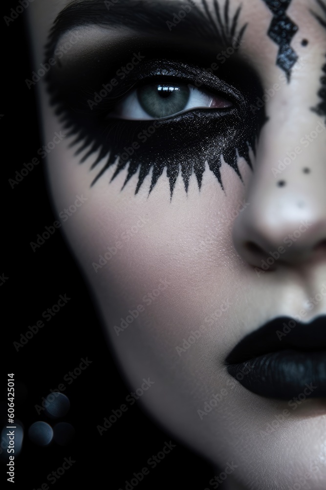Fototapeta premium Female model with creative black and white makeup and black hair. Halloween makeup, eye-catching detail, villains look.